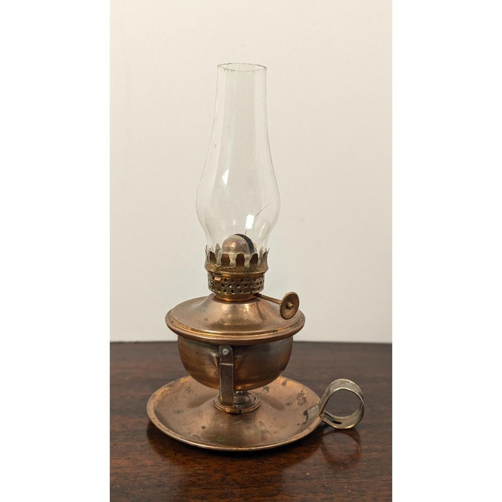 Vintage Stellar Hong Kong Copper Tone Miniature Finger Oil Lamp Glass Chimney 8"